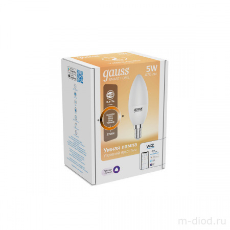 Лампа Gauss Smart Home С37 5W 470lm 2700К Е14 диммируемая LED 1/10/40