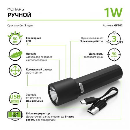 Фонарь ручной Gauss модель GFL202 1W 50lm Li-ion 1200mAh LED 1/10/180