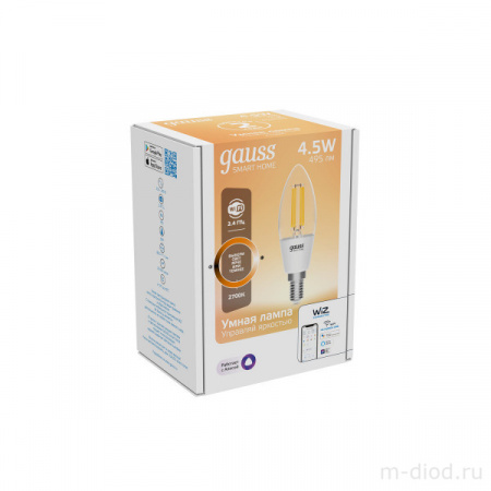 Лампа Gauss Smart Home Filament С35 4,5W 495lm 2700К E14 диммируемая LED 1/10/40