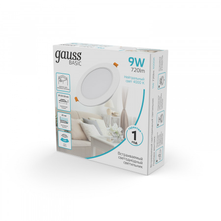 Светильник Gauss Basic Downlight круг 9W 720lm 4000K 170-260V IP20 120*26 белый LED 1/100