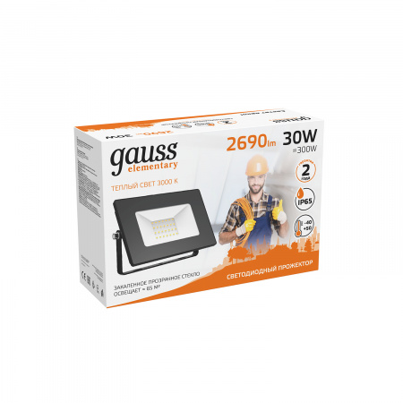 Прожектор Gauss Elementary 30W 2690lm 3000К 200-240V IP65 черный LED 1/10 Прожектор Gauss Elementary 30W 2690lm 3000К 200-240V IP65 черный LED 1/10