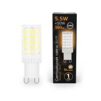 Лампа Gauss G9 AC185-265V 5,5W 560lm 3000K керамика LED 1/10/200