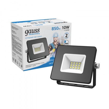 Прожектор Gauss Elementary 10W 850lm 6500К 200-240V IP65 черный LED 1/20