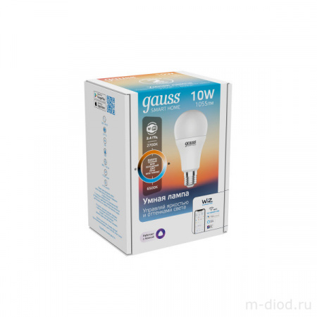 Лампа Gauss Smart Home A60 10W 1055lm 2700-6500К E27 изм.цвет.темп.+диммирование LED 1/10/40