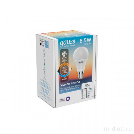 Лампа Gauss Smart Home A60 8,5W 806lm 2700-6500К E27 изм.цвет.темп.+диммирование LED 1/10/40