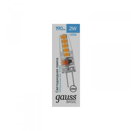 Лампа Gauss Basic G4 AC220-240V 2W 190lm 4100K силикон LED 1/20/200
