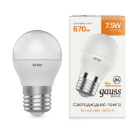 Лампа Gauss Basic Шар 7,5W 670lm 3000K E27 LED 1/10/100