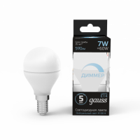 Лампа Gauss Шар 7W 590lm 4100К Е14 диммируемая LED 1/10/100