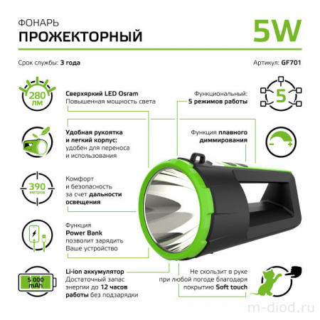 Фонарь прожекторный Gauss модель GFL701 5W 280lm Li-ion 5000mAh диммируемый LED 1/10/30