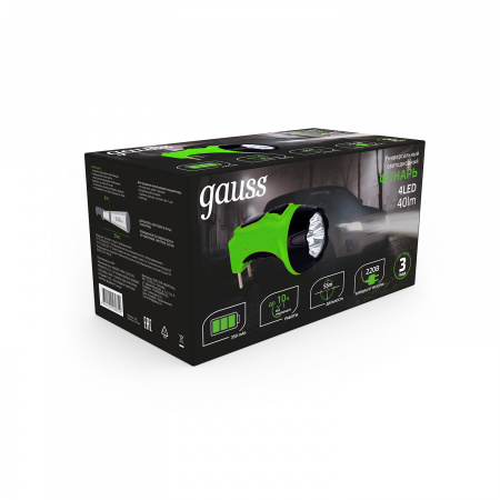 Фонарь ручной Gauss модель GFL104 4LED 40lm lead acid 350mAh LED 1/12/72