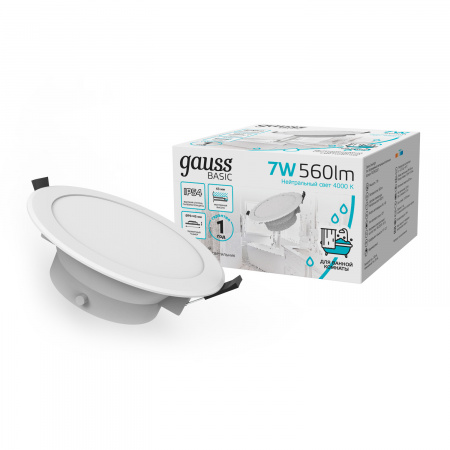 Светильник Gauss Basic Downlight круг 7W 560lm 4000K 185-250V IP54 95*45 белый LED 1/40