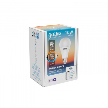 Лампа Gauss Smart Home A60 10W 1055lm 2700-6500К E27 изм.цвет.темп.+диммирование LED 1/10/40
