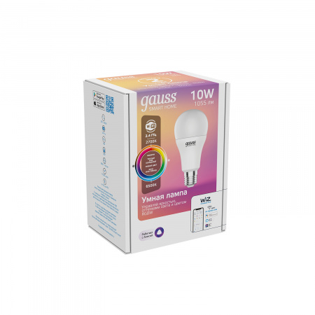Лампа Gauss Smart Home A60 10W 1055lm 2700-6500К E27 RGBW+изм.цвет.темп.+диммирование LED 1/10/40