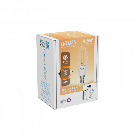 Лампа Gauss Smart Home Filament С35 4,5W 495lm 2700К E14 диммируемая LED 1/10/40