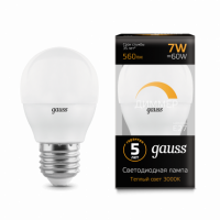 Лампа Gauss Шар 7W 560lm 3000К Е27 диммируемая LED 1/10/100