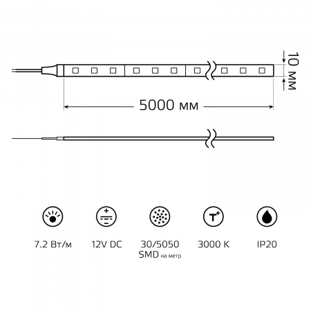 Лента Gauss LED Elementary 5050/30-SMD 7.2W 12V DC теплый белый IP20 (ZIP bag 5m)