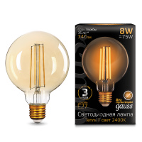 Лампа Gauss Filament G95 8W 740lm 2400К Е27 golden LED 1/20 Лампа Gauss Filament G95 8W 740lm 2400К Е27 golden LED 1/20