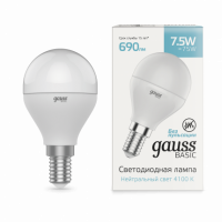 Лампа Gauss Basic Шар 7,5W 690lm 4100K E14 LED 1/10/100