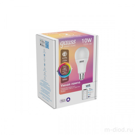 Лампа Gauss Smart Home A60 10W 1055lm 2700-6500К E27 RGBW+изм.цвет.темп.+диммирование LED 1/10/40