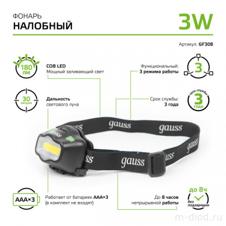 Фонарь налобный Gauss модель GFL308 3W 180lm 3xААА LED 1/12/72