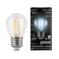 Лампа Gauss Filament Шар 7W 580lm 4100К Е27 LED 1/10/50 Лампа Gauss Filament Шар 7W 580lm 4100К Е27 LED 1/10/50