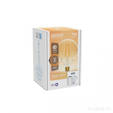 Лампа Gauss Smart Home Filament G95 7W 740lm 2500К E27 диммируемая LED 1/40