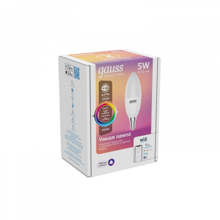 Лампа Gauss Smart Home С37 5W 470lm 2700-6500К Е14 RGBW+изм.цвет.темп.+диммирование LED 1/10/40