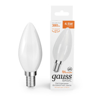 Лампа Gauss Basic Filament Свеча 4,5W 380lm 2700К Е14 milky LED 1/10/50