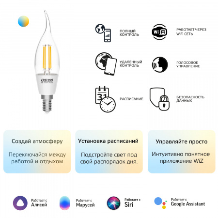 Лампа Gauss Smart Home Filament СF35 4,5W 495lm 2000-6500К E14 изм.цвет.темп.+дим. LED 1/10/40