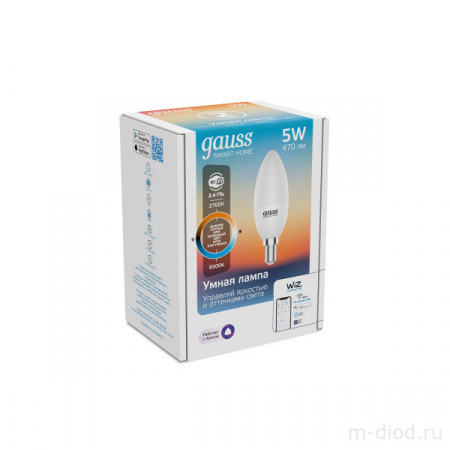 Лампа Gauss Smart Home С37 5W 470lm 2700-6500К Е14 изм.цвет.темп.+диммирование LED 1/10/40