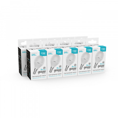 Лампа Gauss Basic Шар 7,5W 690lm 4100K E14 LED 1/10/100
