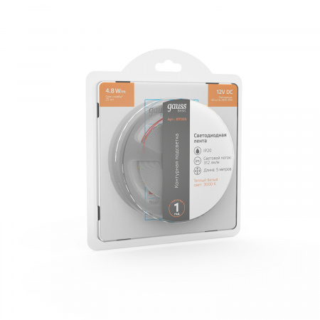 Лента Gauss Basic LED 2835/60 12V 4,8W/m 312lm/m 3000K 8mm IP20 5m 1/100